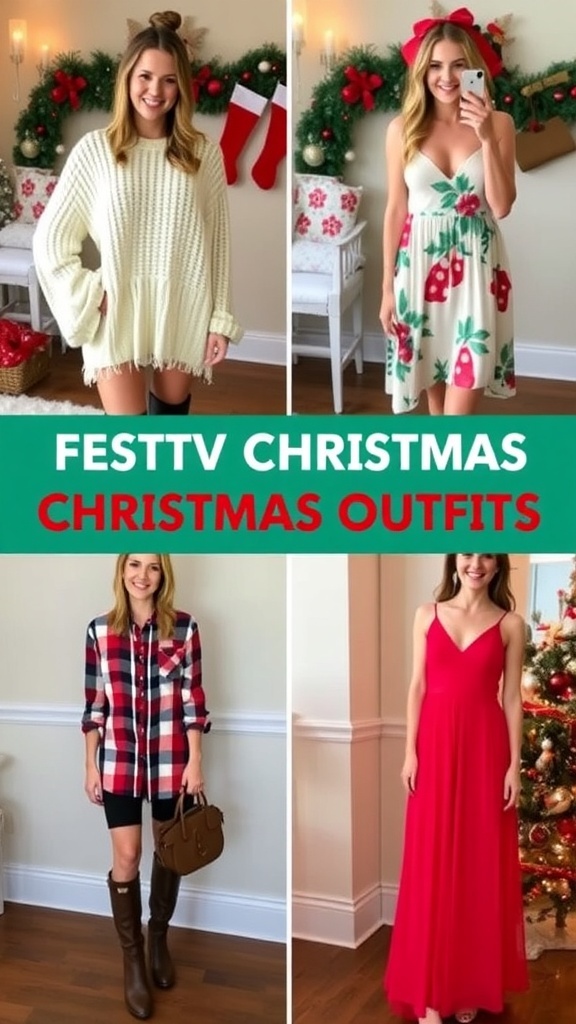 Collage of Christmas vacation outfits including winter, tropical, casual, and formal styles.